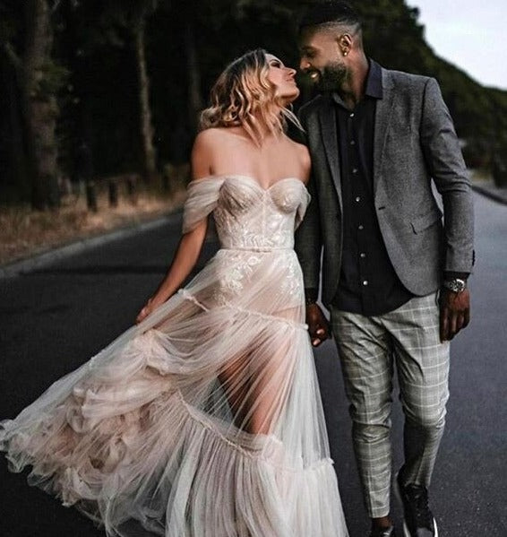 Off Shoulder Soft Tulle Backless Bride
